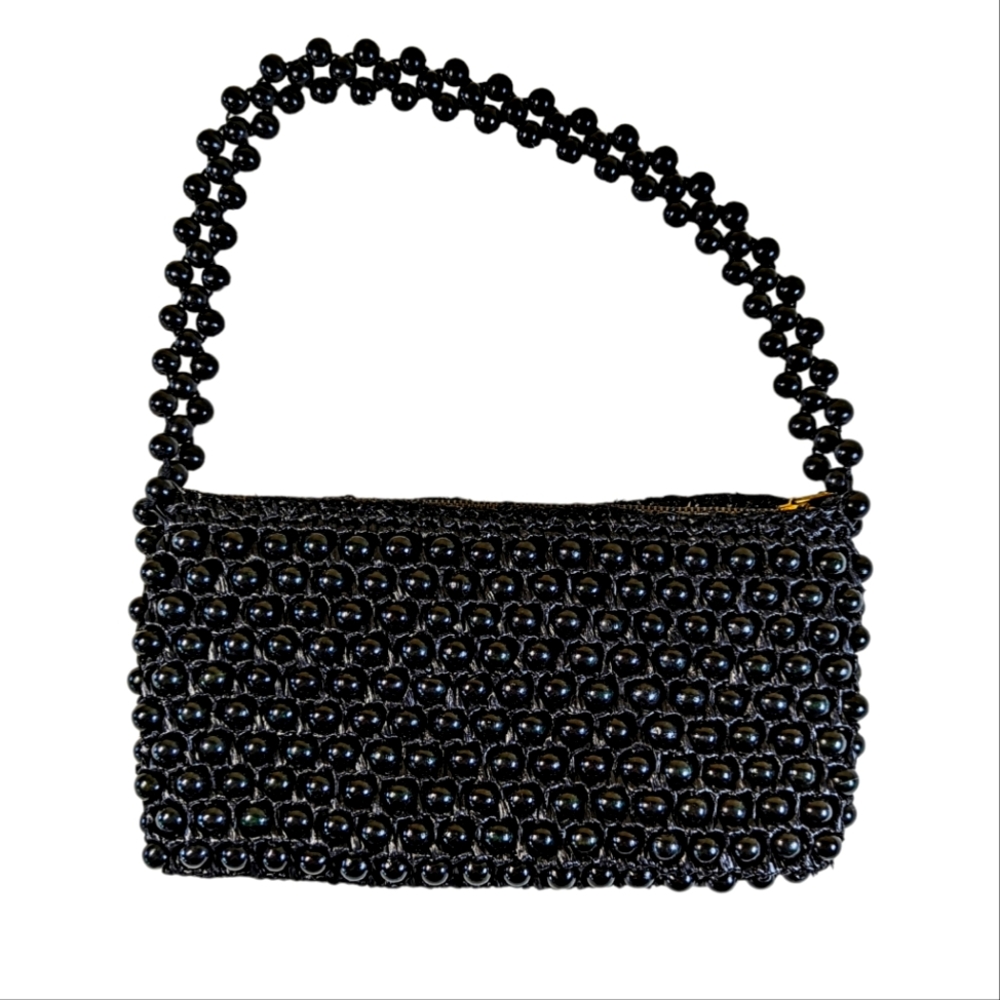 Vintage Black Beaded Raffia Handbag Made In Japan 1960s Mod